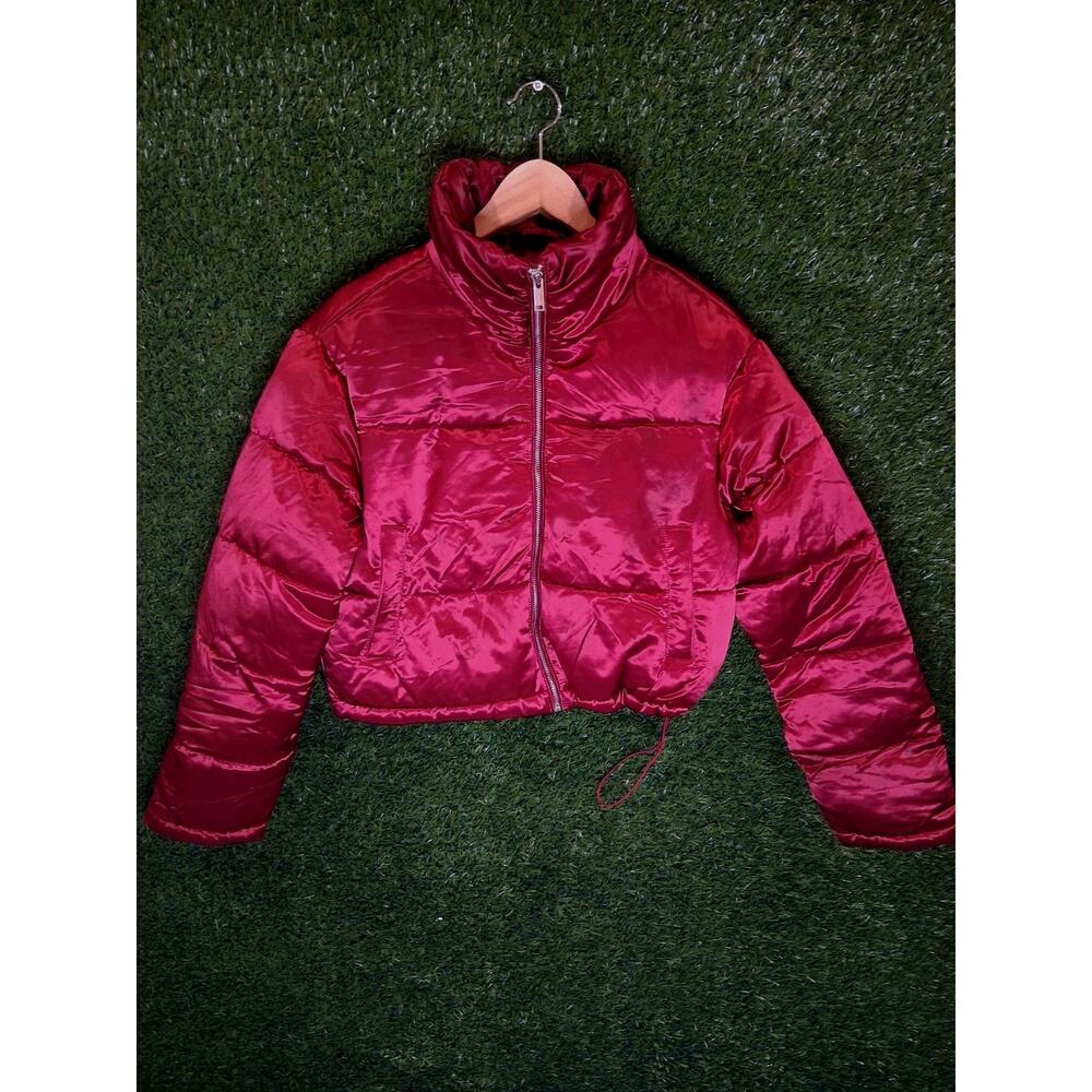 7 For All Mankind Metallic Cropped Puffer Jacket Red Raspberry Women's XS